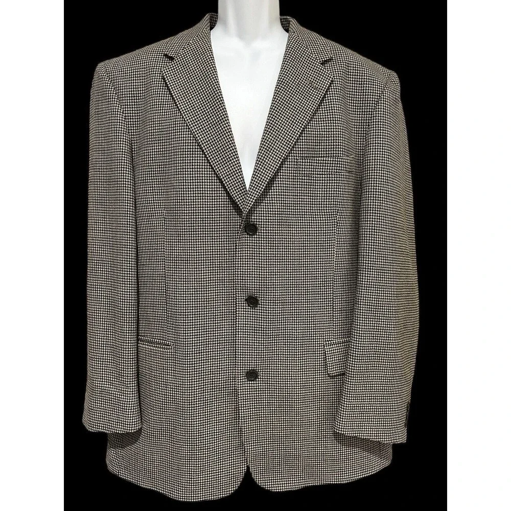 Daniel Hechter Men's Blazer Jacket Brown Black Houndstooth Wool 44L Long Vintage